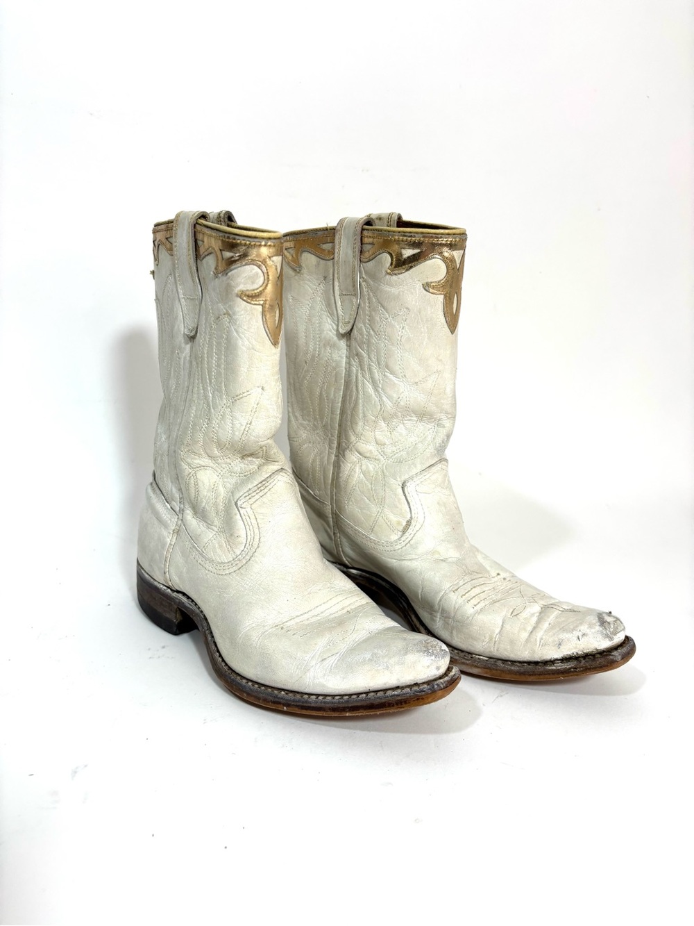 Vintage 1950s/60’s Acme Kids Cowboy Boots - White Leather w/ Gold Overlay Sz 13